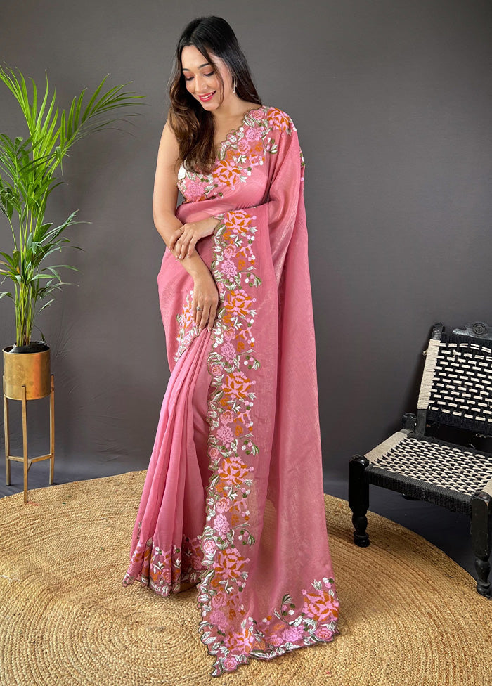 Pink Spun Silk Saree With Blouse Piece Cheapest For Sale