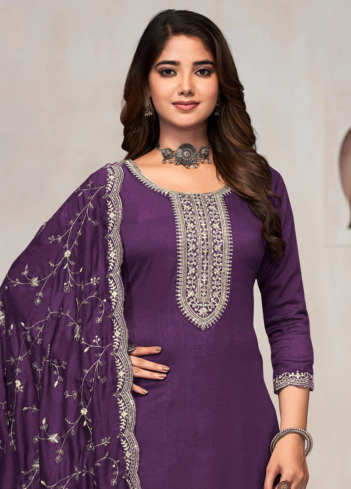 3 Pc Purple Pure Semi Stitched Silk Suit Set Cheap Sale From China