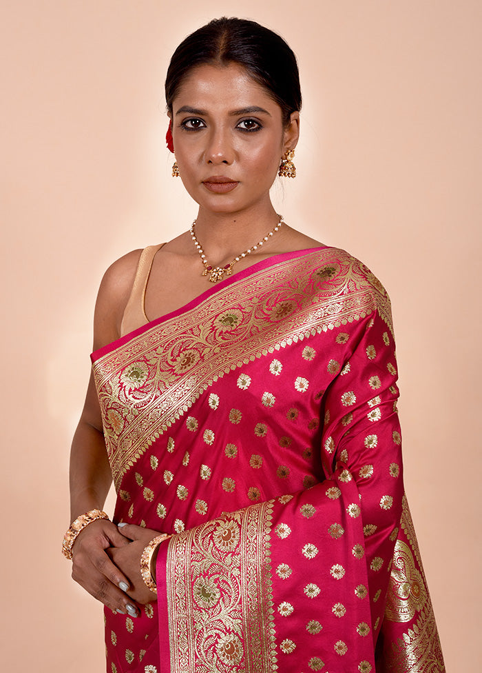 Rani Pink Banarasi Silk Saree With Blouse Piece Wiki For Sale