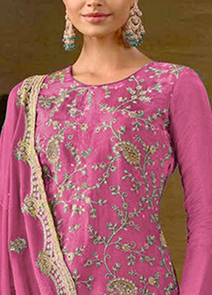 3 Pc Pink Semi Stitched Silk Suit Set Visit For Sale