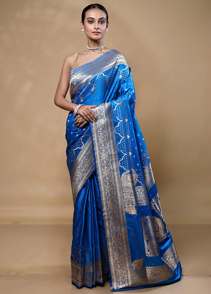 Blue Banarasi Silk Saree With Blouse Piece Cheap Sale Visit New