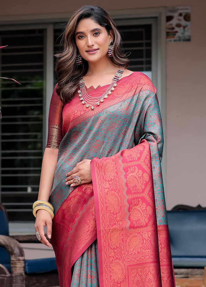 Turquoise Banarasi Silk Saree With Blouse Piece Outlet Choice