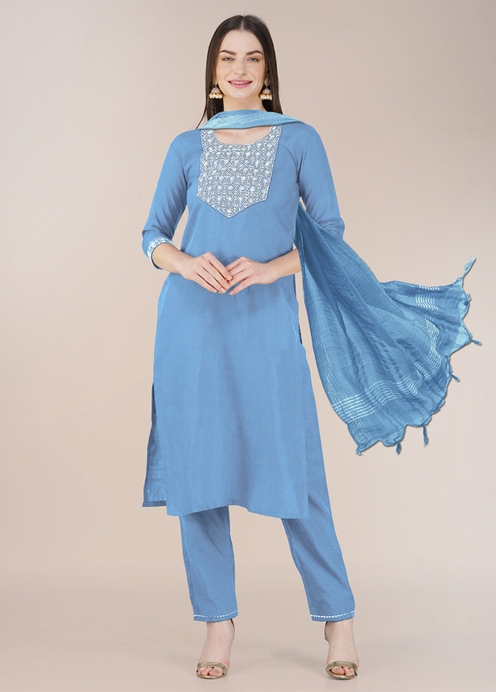 3 Pc Sky Blue Readymade Cotton Suit Set Free Shipping Fashion Style