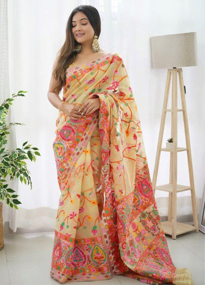 Light Yellow Banarasi Silk Saree With Blouse Piece Free Shipping With Mastercard