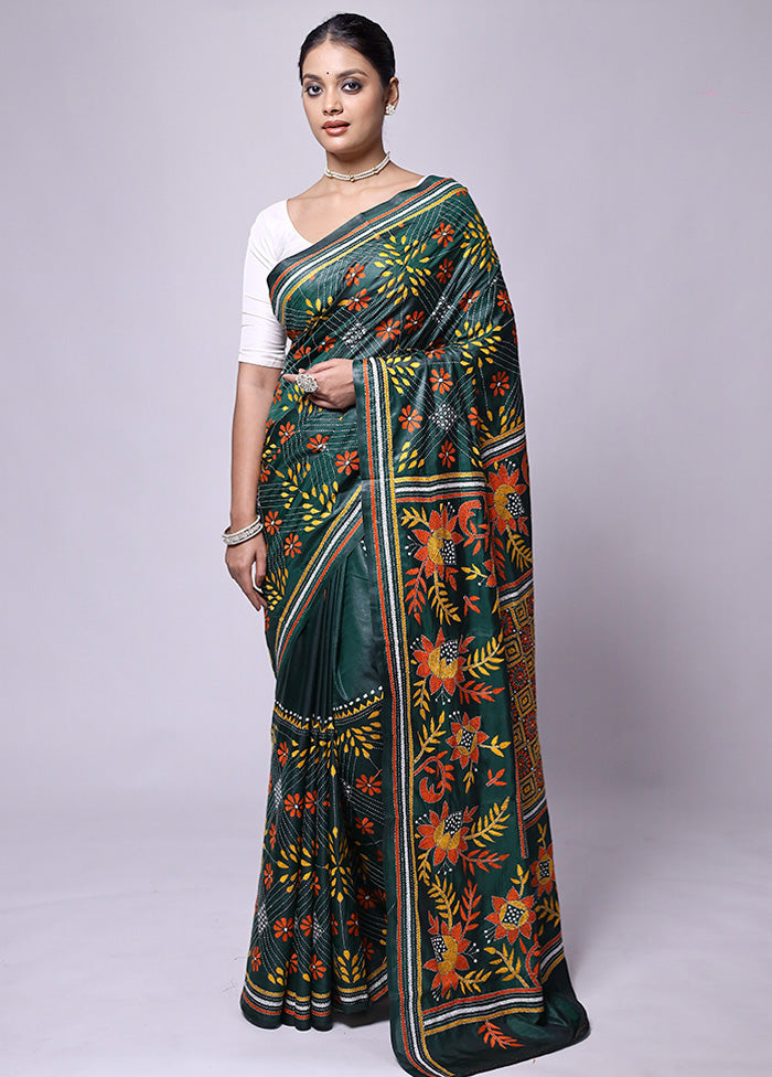 Green Kantha Stitch Silk Saree With Blouse Piece Sale Extremely