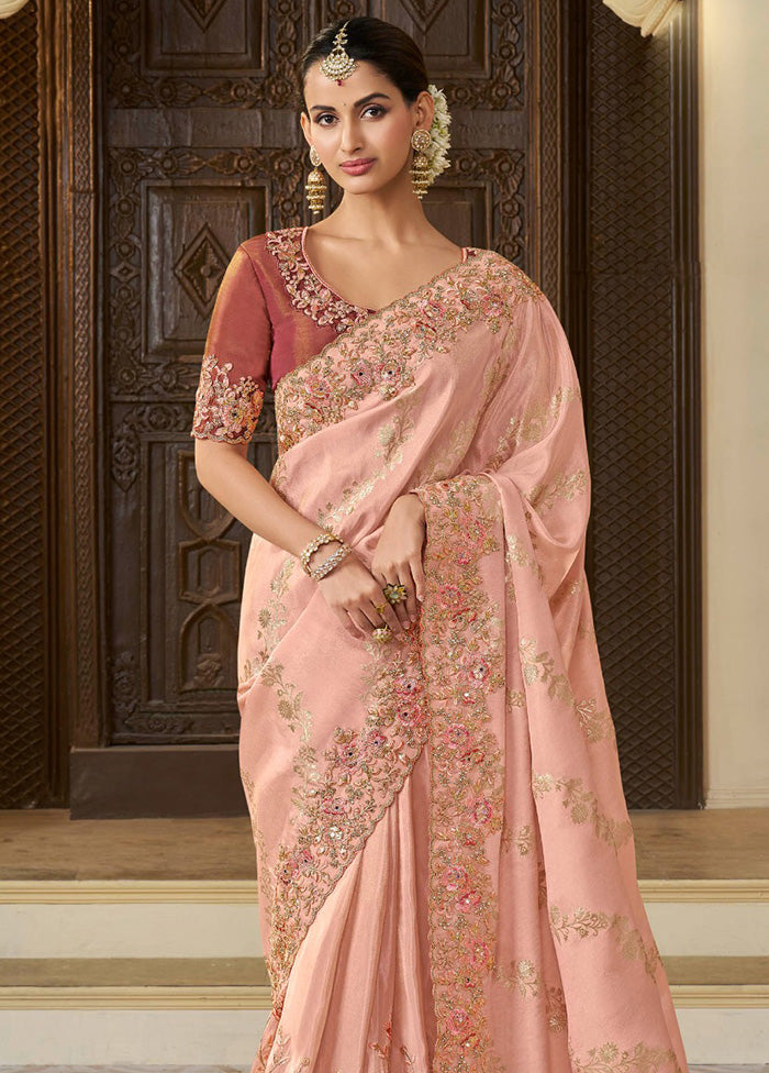 Peach Spun Pure Silk Saree With Blouse Piece Free Shipping Order