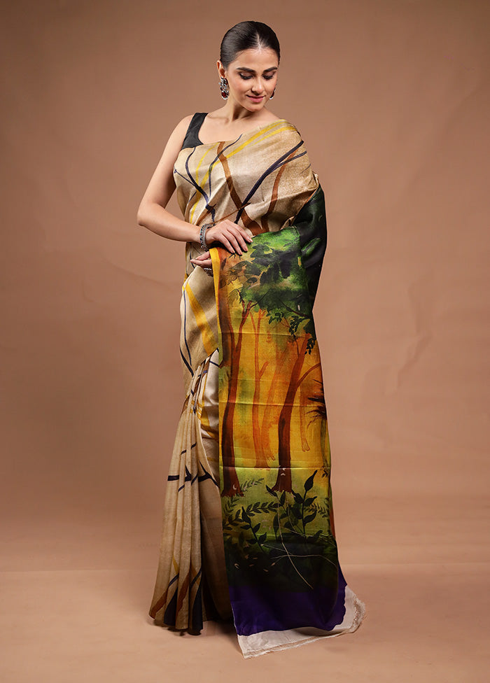 Cream Printed Pure Silk Saree Without Blouse Piece Recommend Cheap Online