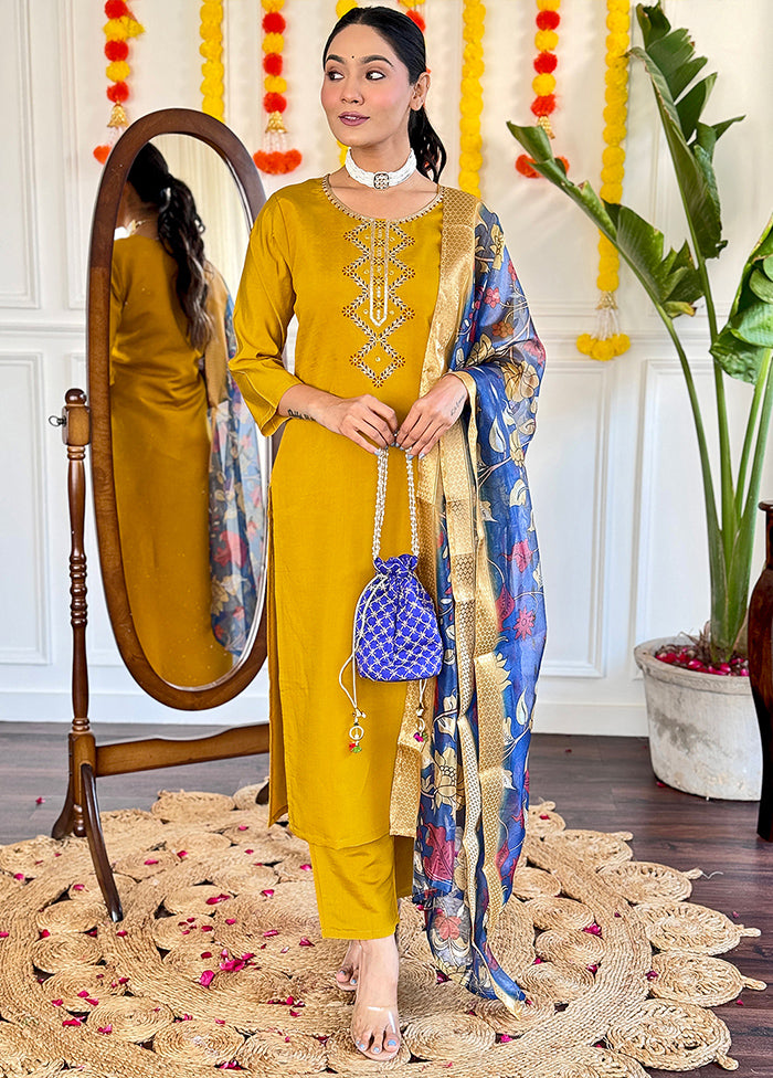 3 Pc Mustard Readymade Viscose Suit Set Buy Cheap For Cheap