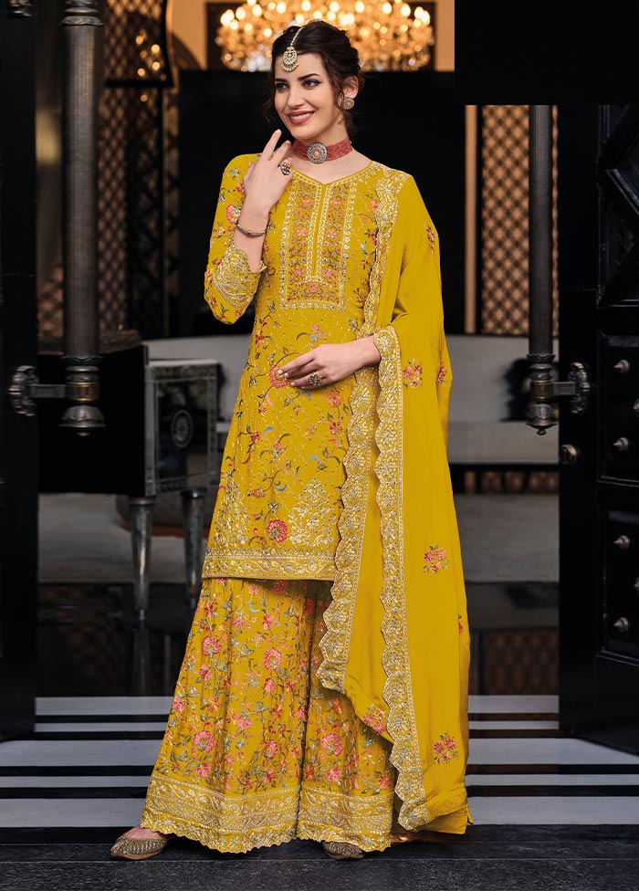 3 Pc Yellow Semi Stitched Silk Suit Set Free Shipping Low Pice Fee Shipping