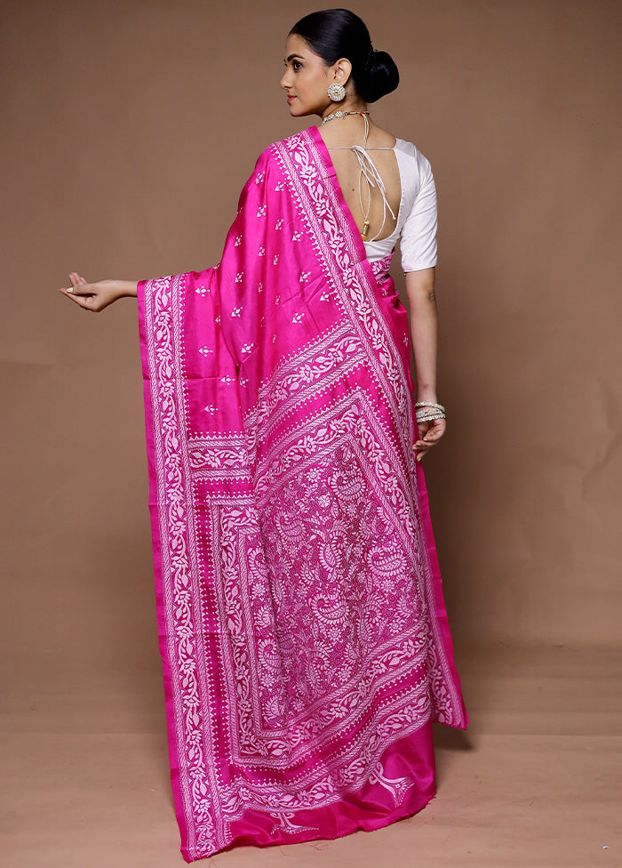 Pink Handloom Kantha Stitch Pure Silk Saree With Blouse Piece Quality Free Shipping Low Pice