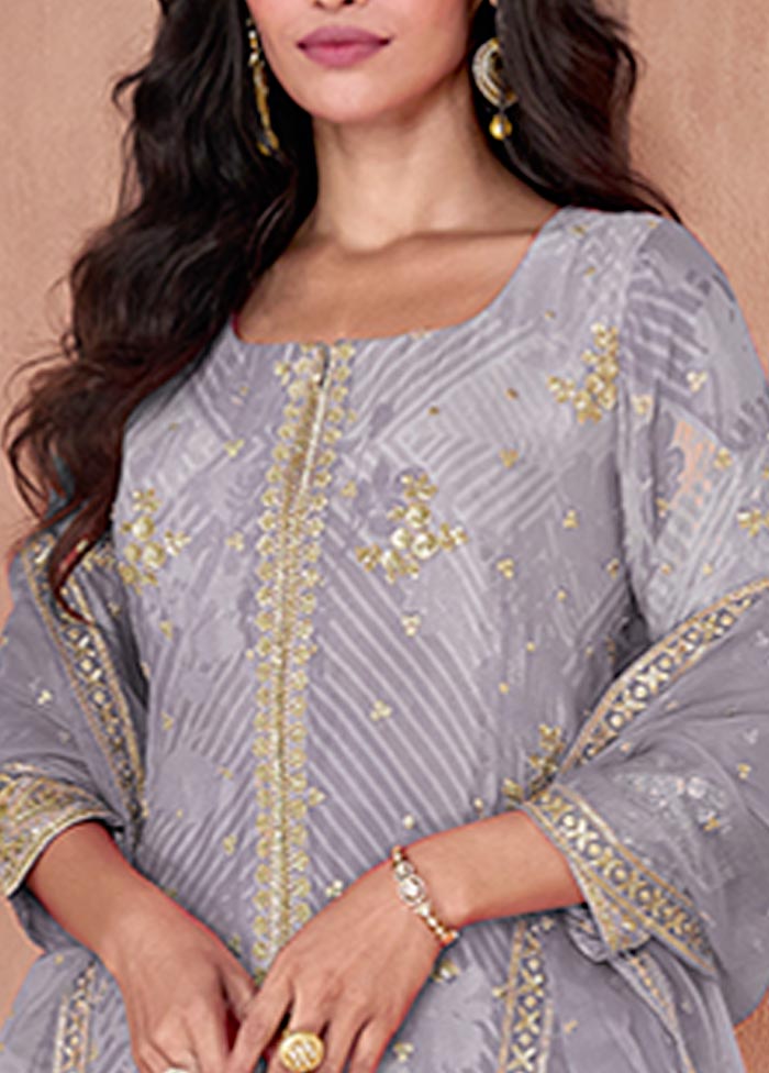 3 Pc Grey Semi Stitched Georgette Suit Set Cheap Sale Online