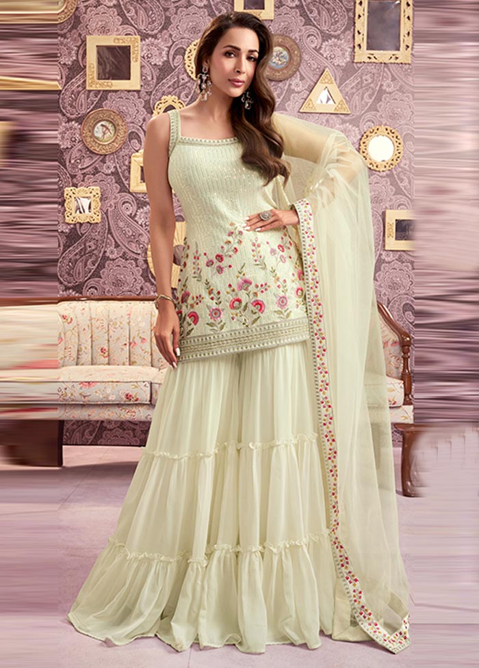 3 Pc Cream Semi Stitched Georgette Suit Set Clearance Deals