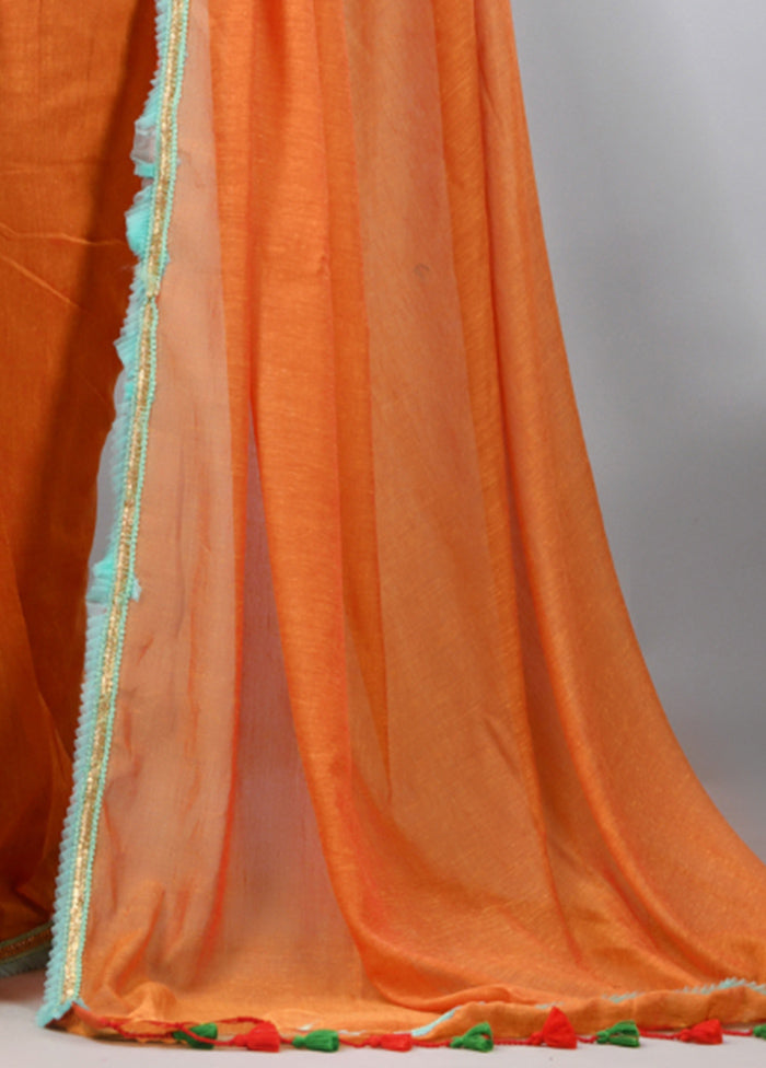 Orange Cotton Solid Saree Without Blouse Piece Free Shipping For Cheap