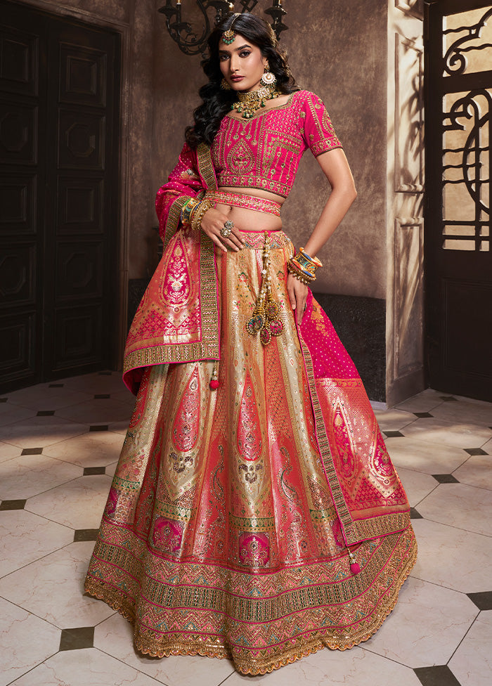 3 Pc Golden Silk Semi Stitched Lehenga Set Discount Best Store To Get