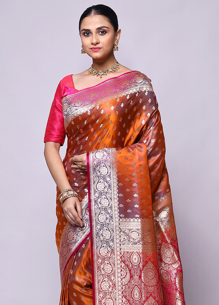 Rust Banarasi Silk Saree With Blouse Piece Newest