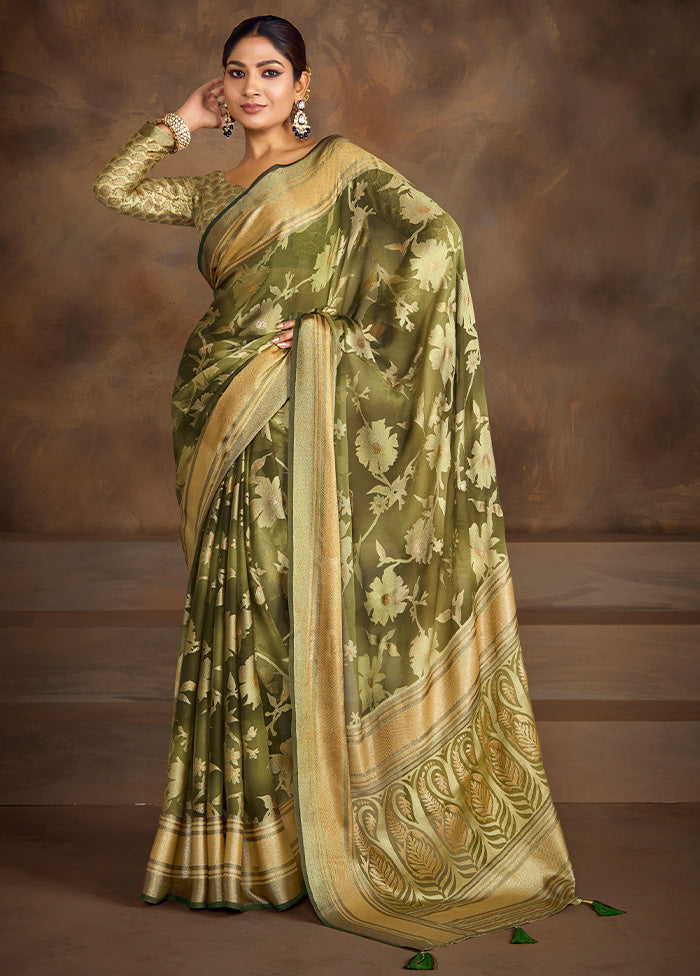 Green Spun Silk Saree With Blouse Piece Pre Order