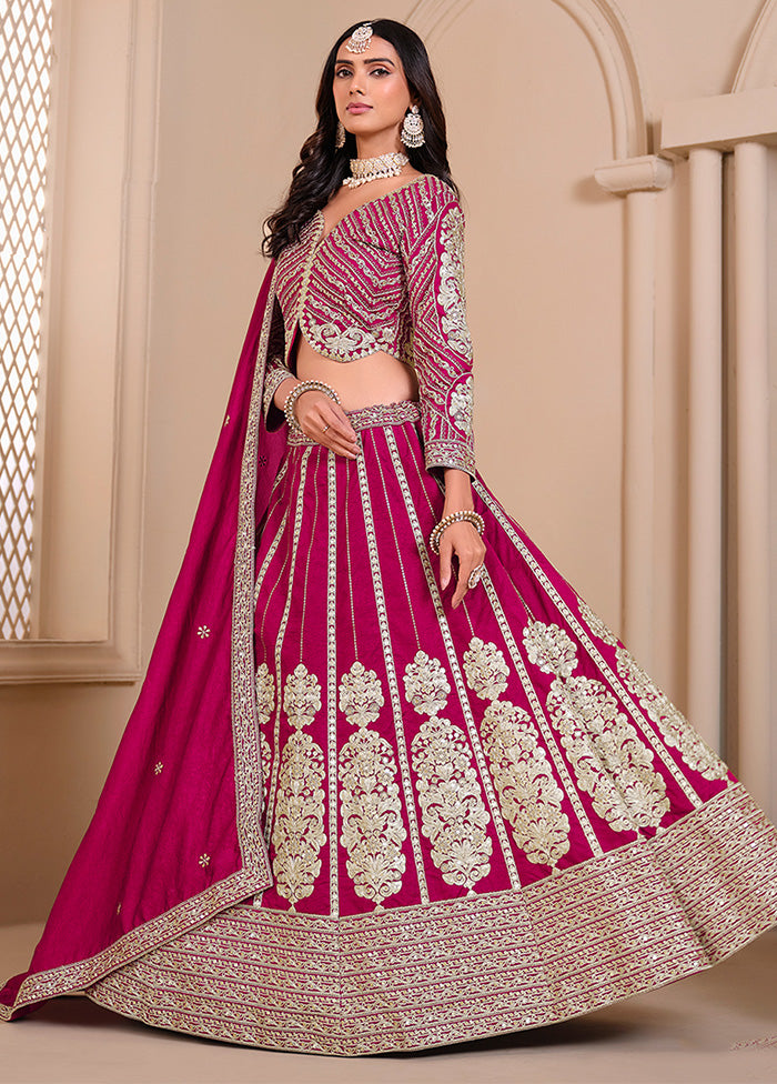 3 Pc Pink Silk Semi Stitched Lehenga Set Clearance Cost