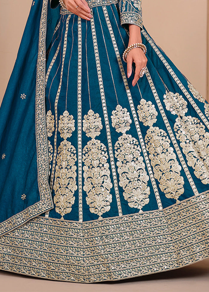 3 Pc Teal Blue Silk Semi Stitched Lehenga Set Real Sale Online