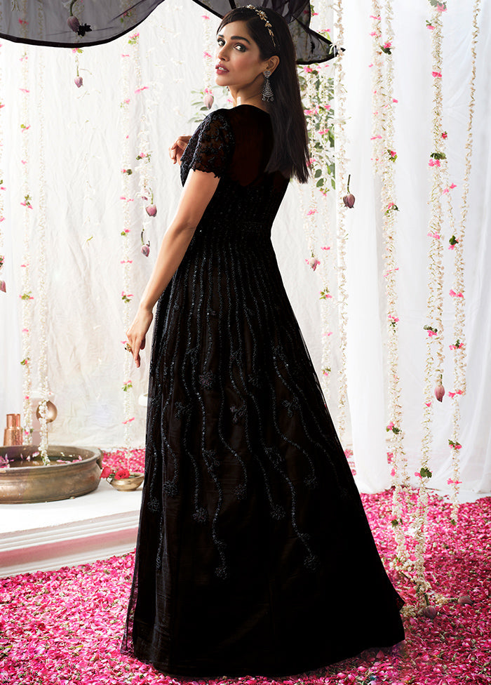 3 Pc Black Semi Stitched Satin Resham Thread Work Gown Buy Cheap 100% Original