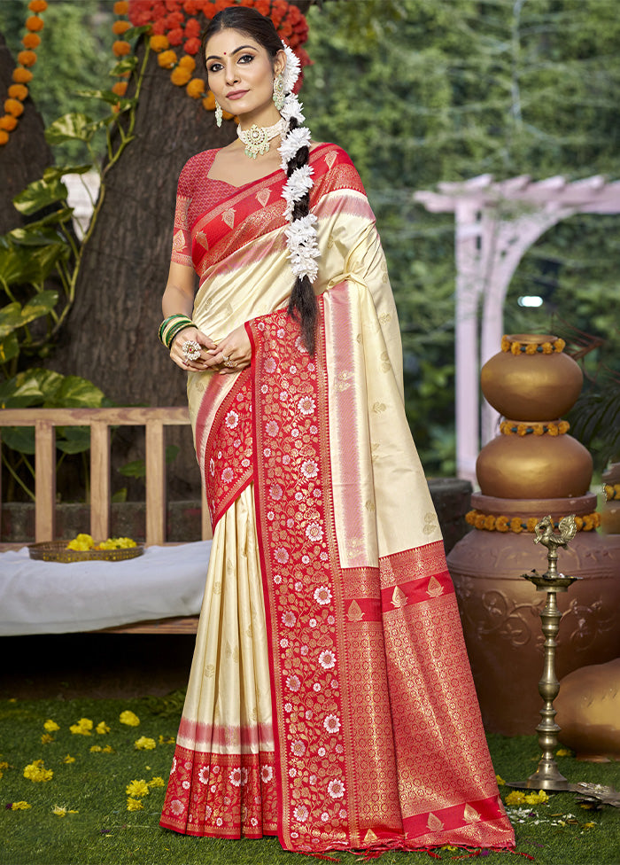 Cream Dupion Silk Saree With Blouse Piece Outlet Cheap Pices