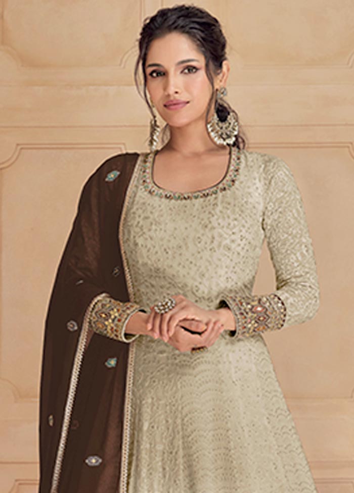 3 Pc Beige Semi Stitched Georgette Suit Set Cheap Sale View