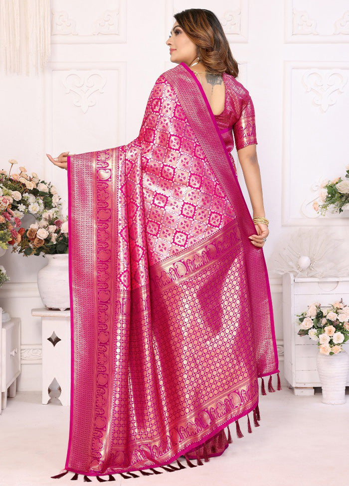 Pink Banarasi Silk Saree With Blouse Piece Marketable