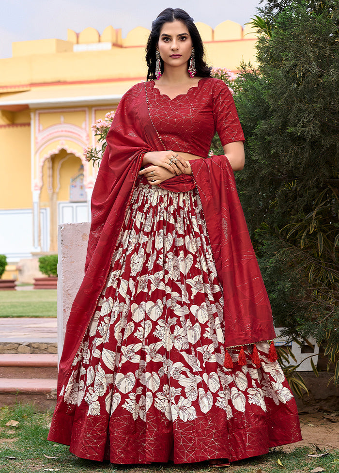 3 Pc Red Silk Semi Stitched Lehenga Set Cheap Pirce