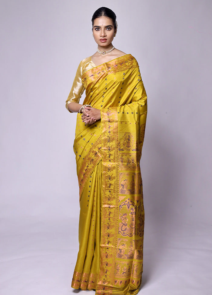 Yellow Handloom Baluchari Pure Silk Saree With Blouse Piece Cheap Sale Wiki