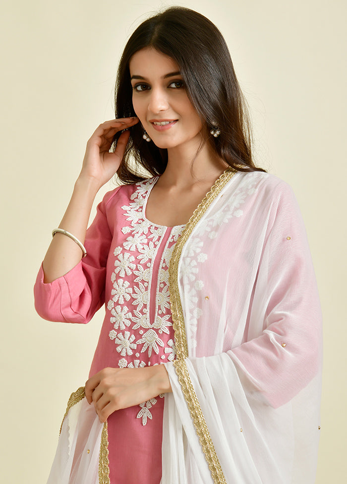 3 Pc Peach Pearl Work Cotton Suit Set With Dupatta Sale Top Quality