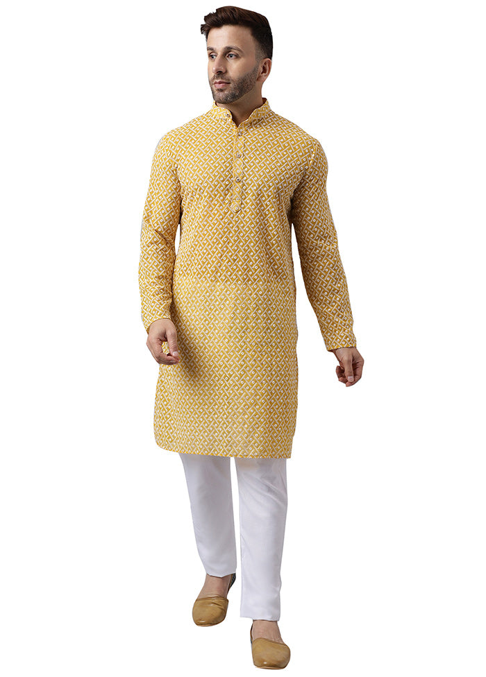 2 Pc Yellow Silk Kurta Pajama Set Discount Best