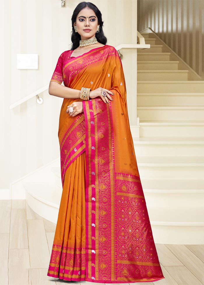 Orange Dupion Silk Saree With Blouse Piece Cheap Usa Stockist