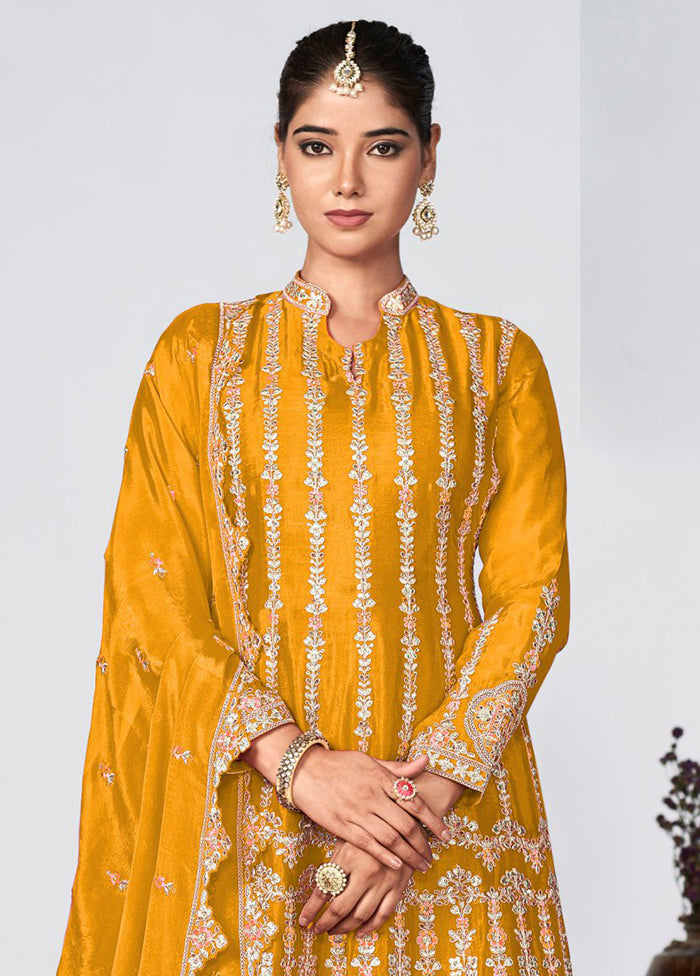 3 Pc Yellow Semi Stitched Silk Suit Set Cheap New Arrival