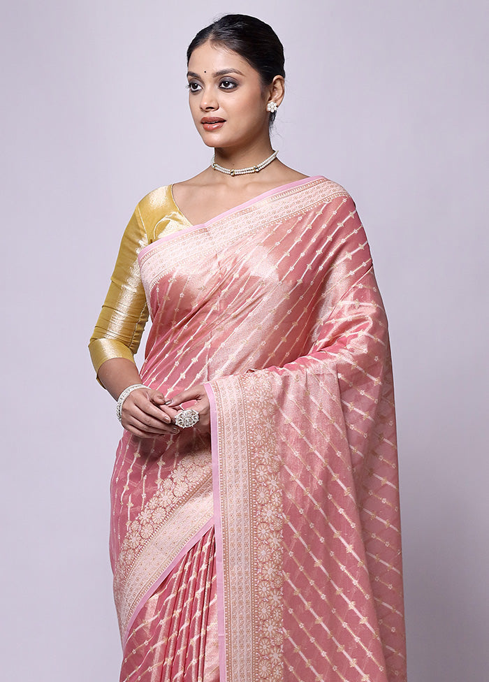 Pink Tissue Silk Saree With Blouse Piece Choice