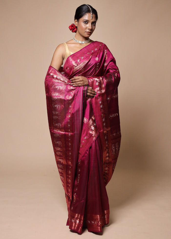 Pink Handloom Baluchari Pure Silk Saree With Blouse Piece Online Online Clearance