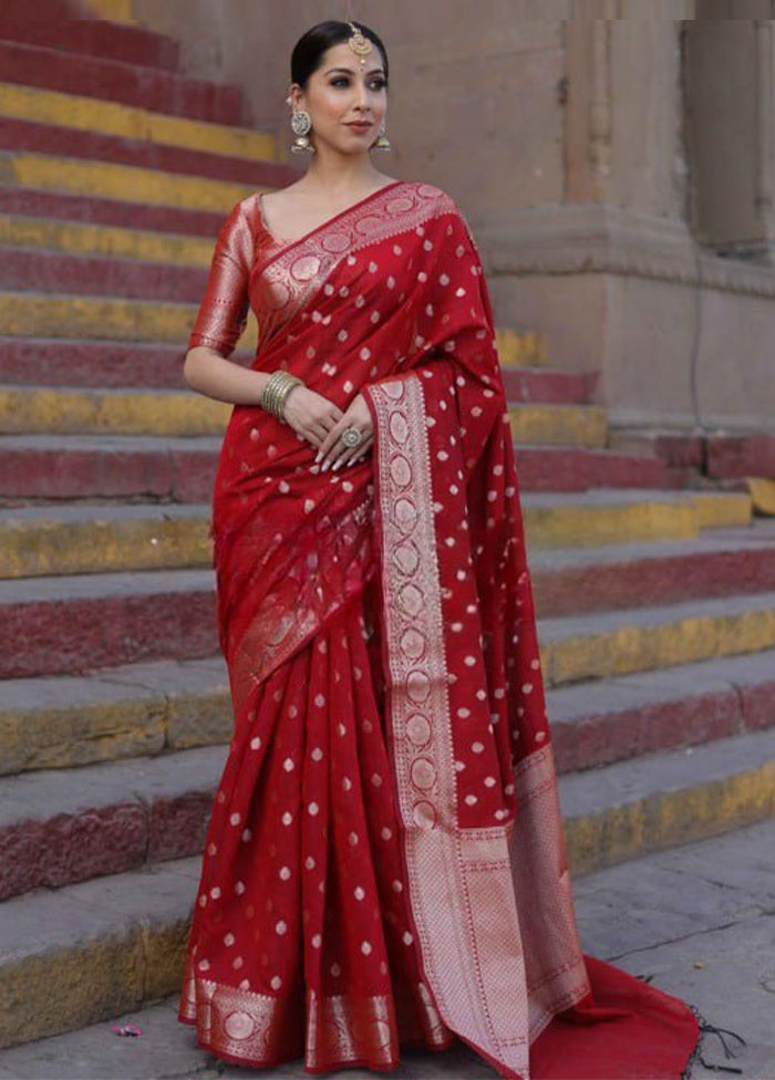 Red Banarasi Silk Saree With Blouse Piece Outlet Good Selling