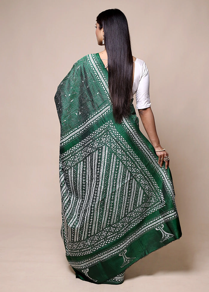 Green Handloom Kantha Stitch Pure Silk Saree With Blouse Piece Big Discount Online