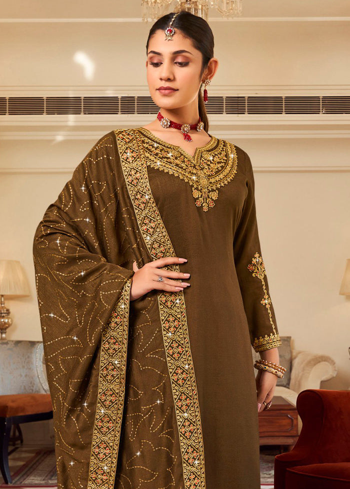 3 Pc Brown Pure Semi Stitched Silk Suit Set Low Pice