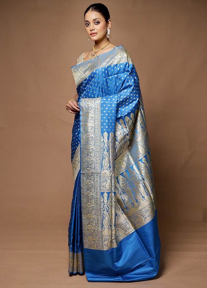 Blue Handloom Banarasi Pure Silk Saree With Blouse Piece Cheap Pirce