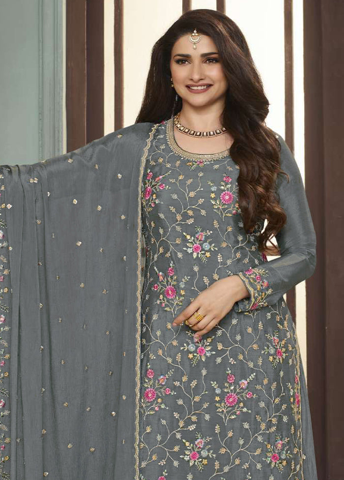 3 Pc Grey Semi Stitched Viscose Suit Set For Cheap Pice