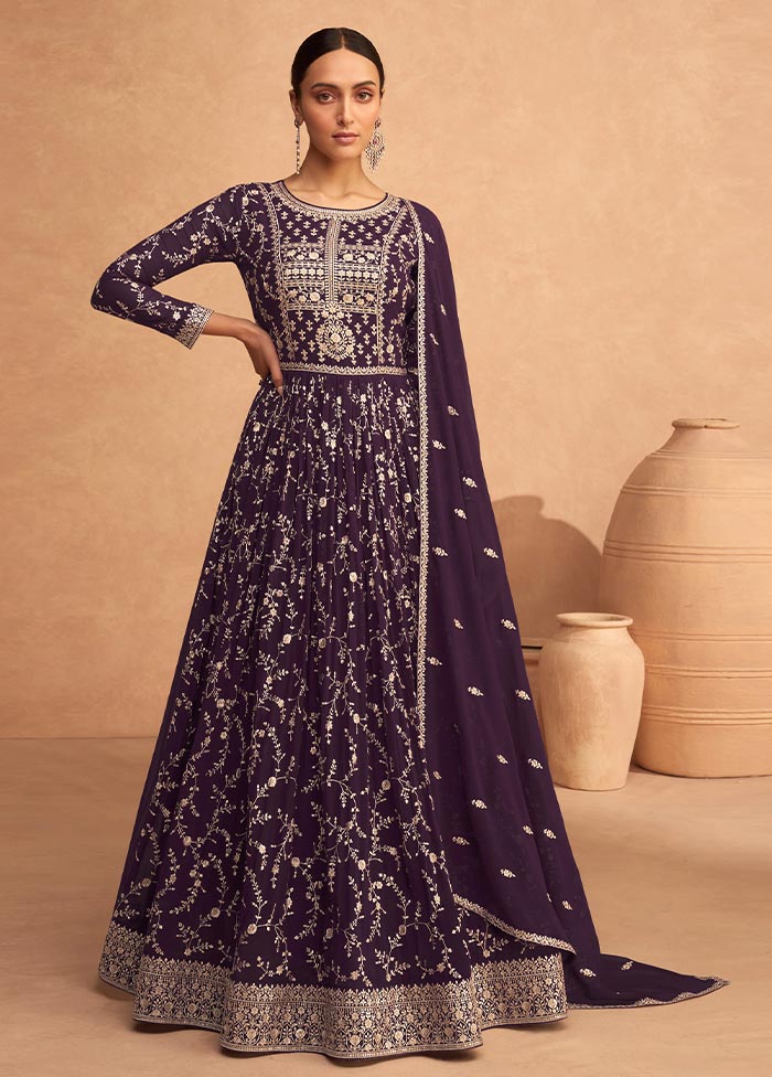 3 Pc Purple Semi Stitched Georgette Suit Set Wiki For Sale