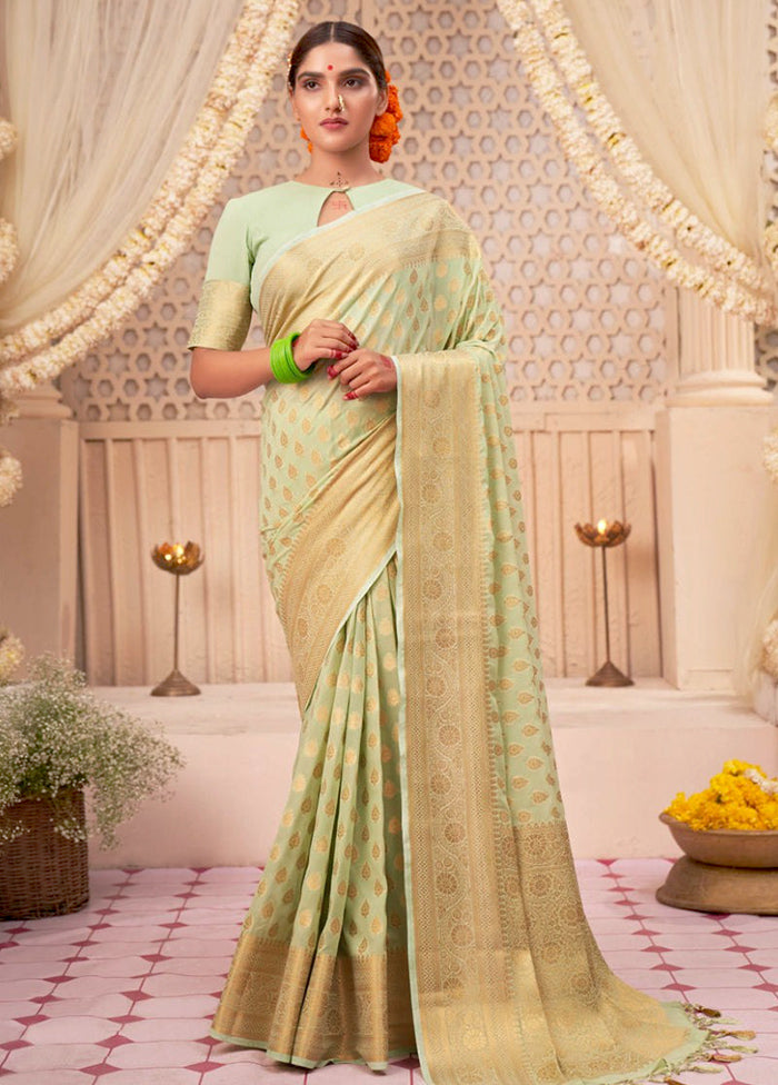 Pista Green Banarasi Silk Saree With Blouse Piece Cheap Sale Cheap