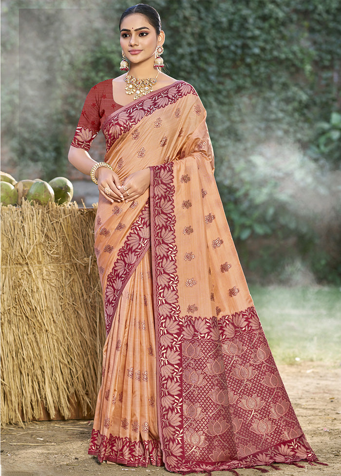 Peach Spun Silk Saree With Blouse Piece Sale Low Cost