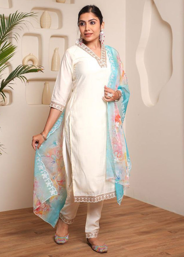 3 Pc Off White Readymade Chanderi Dupatta Suit Set Buy Cheap Sast