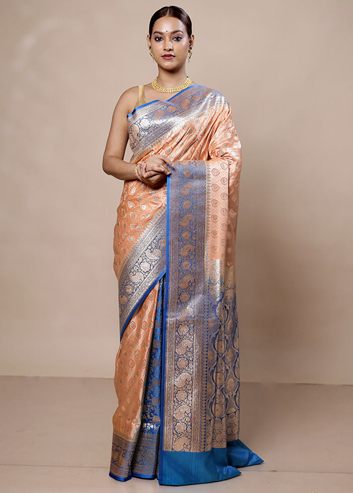 Peach Tanchoi Silk Saree With Blouse Piece Cheap Pice Discount Authentic