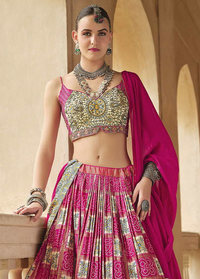 3 Pc Pink Silk Semi Stitched Lehenga Set For Nice Online