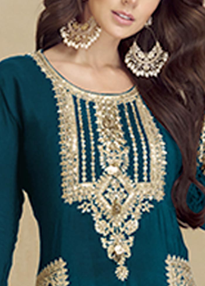 3 Pc Teal Semi Stitched Georgette Suit Set Get To Buy Sale Online