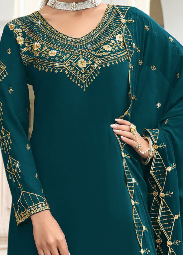 3 Pc Teal Semi Stitched Georgette Suit Set Clearance Online Official Site