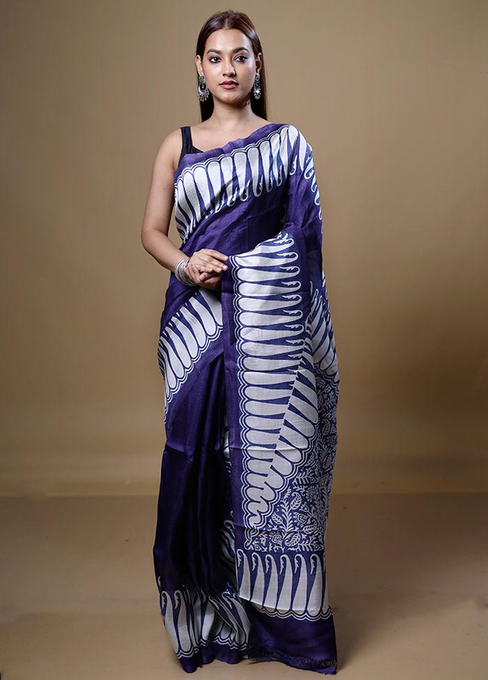 Blue Printed Pure Silk Saree Without Blouse Piece Get To Buy For Sale