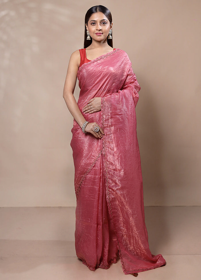 Pink Crushed Tissue Silk Saree With Blouse Piece Discount From China