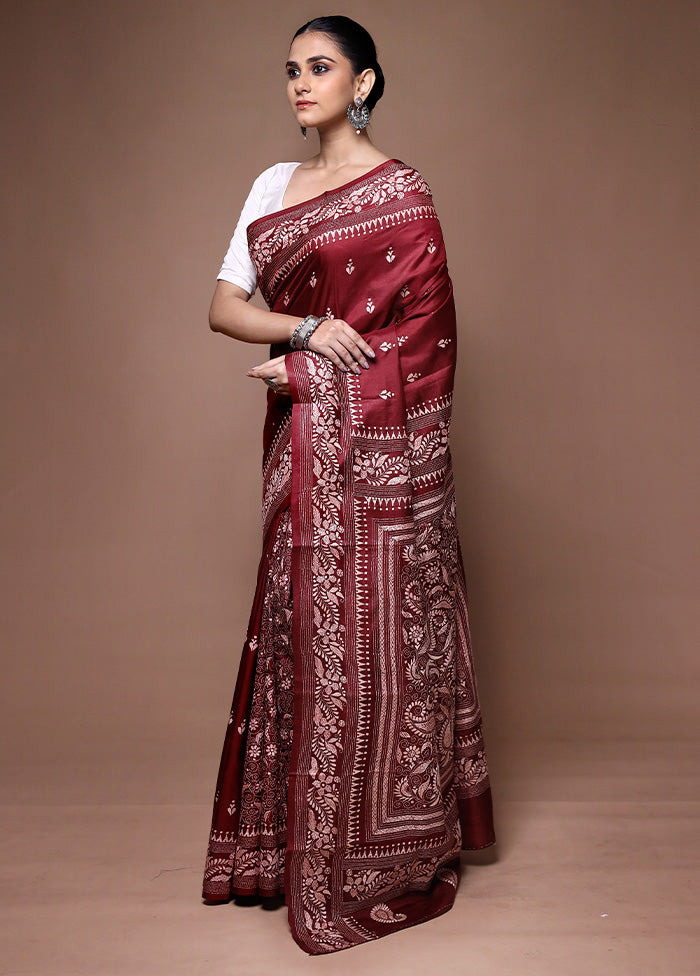 Maroon Handloom Kantha Stitch Pure Silk Saree With Blouse Piece Discount Tumblr